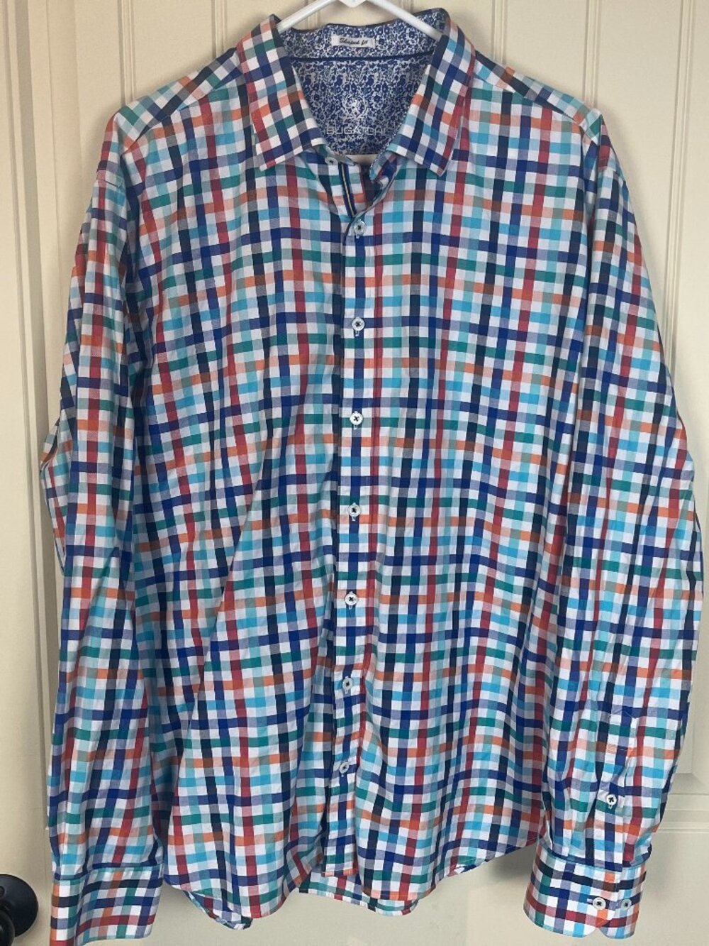 Bugatchi Uomo Men's Long Sleeve Shirt Size XXL Blue Red White Multi-color, Check